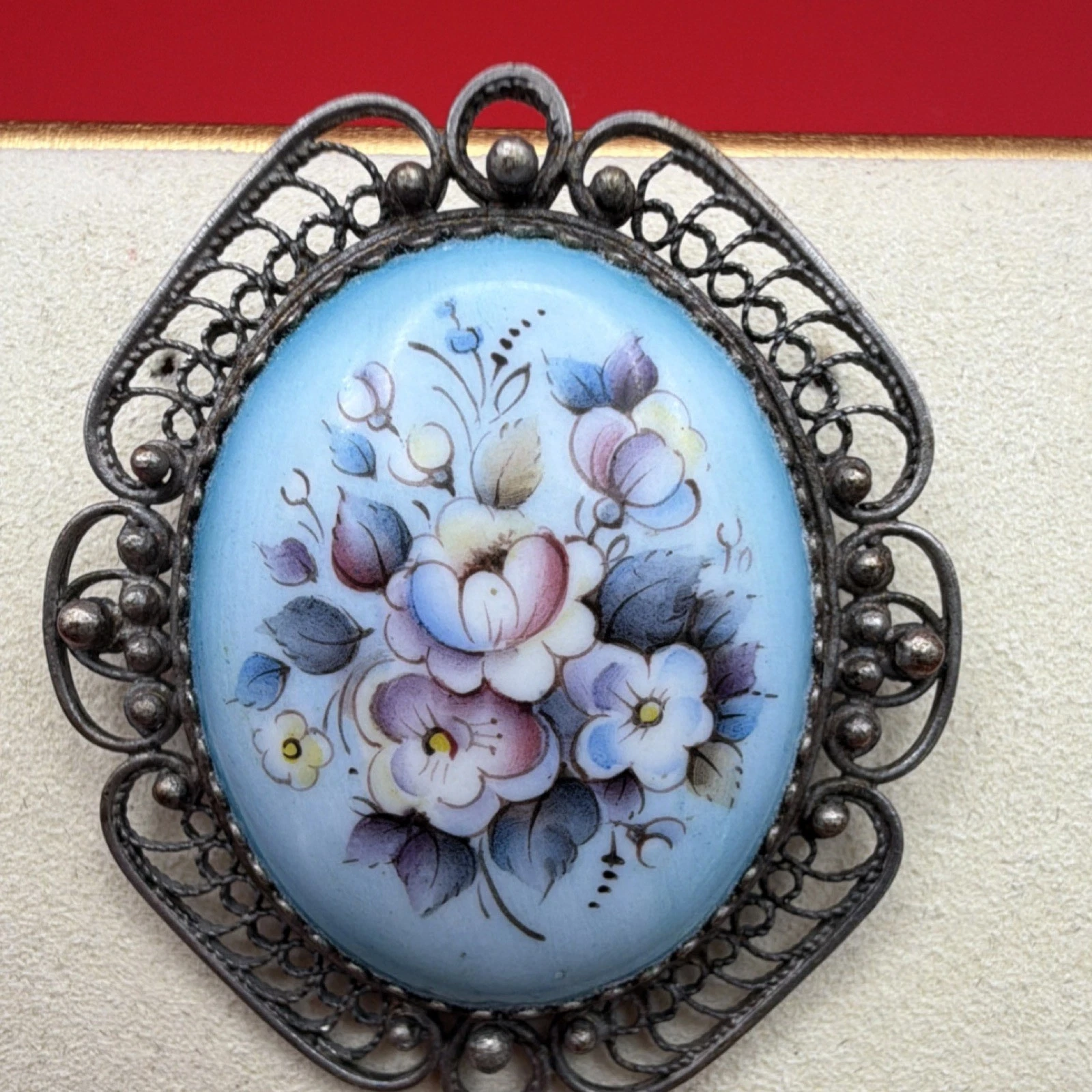 152. Vintage Floral Enamel Oval Brooch Pin Ornate Silver Metal Frame Blue Theme