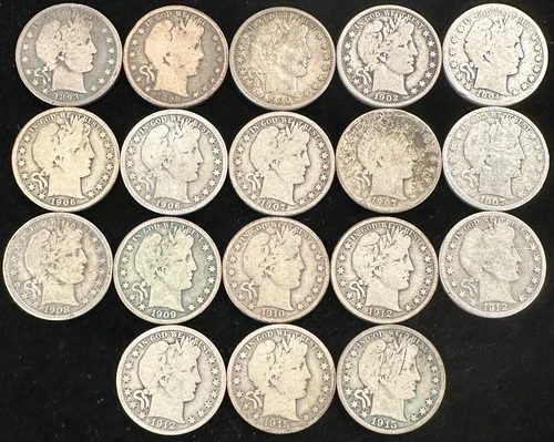 1893-1915 Barber Silver Half Dollars - Group of 18, All Different Dates/Mints