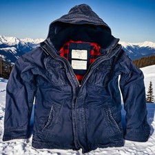 Vtg Abercrombie  Fitch Heavy Coat Mens XL Navy Flannel Lined Warrior Hooded Y2K