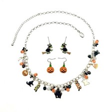 Spooky Halloween Mansion Charms Necklace 2 Pairs of Earrings Set Witch Ghosts
