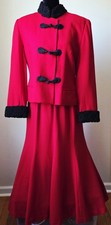 Vintage LILLIE RUBIN Red Wool Skirt Suit Russian Persian Lamb Fur Trim Sz 12