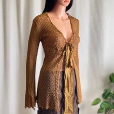 Vintage Y2K Hale Bob Brown Crochet Long Cardigan Boho Fairy Cottage Whimsy Sz M