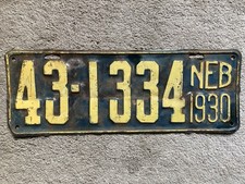 1930 Nebraska License Plate -  43 1334 - Original Paint