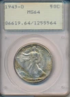 1943-D WALKING LIBERTY SILVER HALF DOLLAR **PCGS CERTIFIED MS 64** SHIPS FREE!!