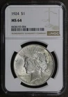 1924 (MS64) Peace Silver Dollar $1 NGC