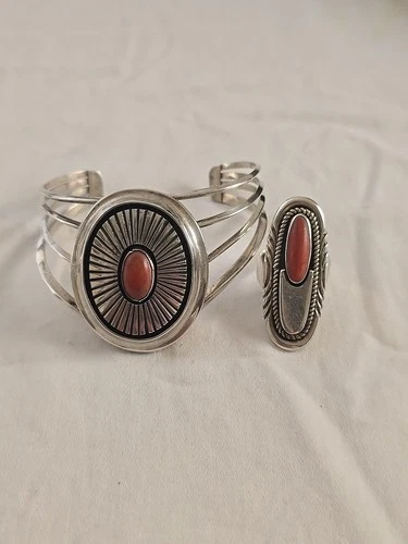 Cuff Bracelet And Ring Coral Sterling Silver Jewelry Hand Made Vintage 40grams