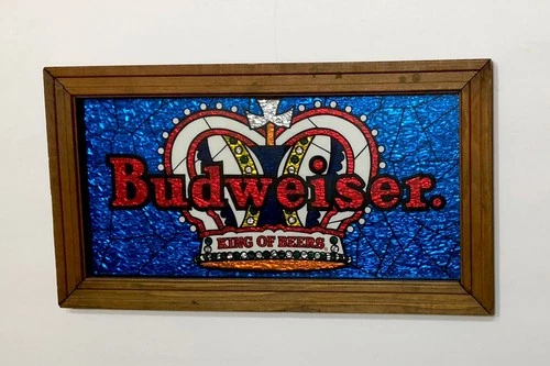 VINTAGE BUDWEISER KING OF BEERS FOIL CROWN FAUX STAINED GLASS BAR BUD BEER SIGN