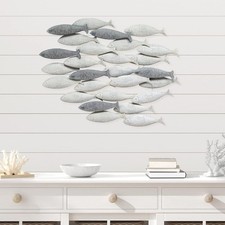 GREY SCHOOL OF FISH NAUTICAL COASTAL BEACH WALL ART SCULPTURE 37 X 27 METAL NEW