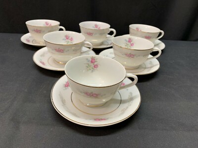 Fine china Japan ''BRIDAL ROSE''  ~ Set of 6 ~ Cups & Saucers ~ 21/4'' Tall