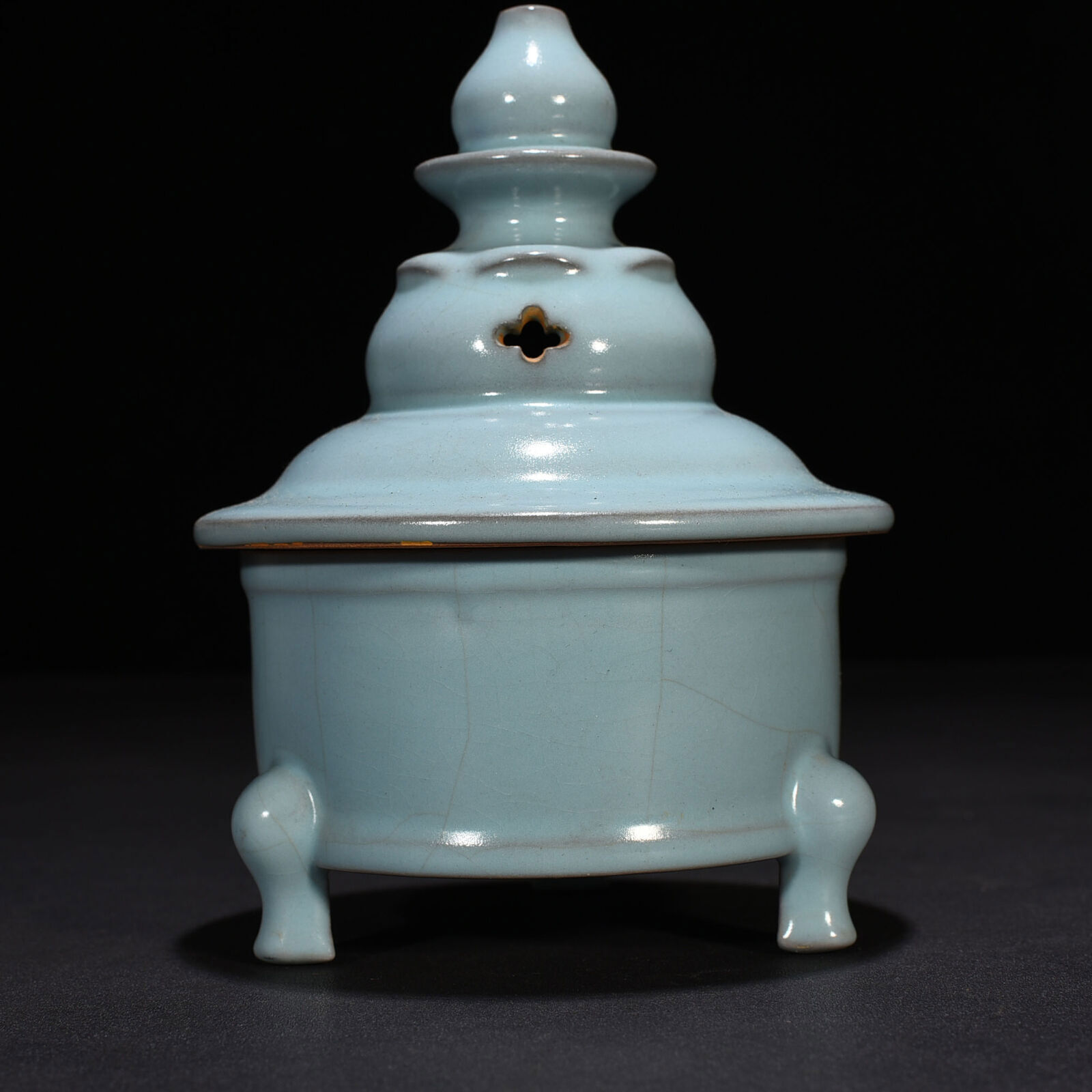 5.9" old song dynasty Porcelain ru kiln Blue glaze Three foot Incense Burner