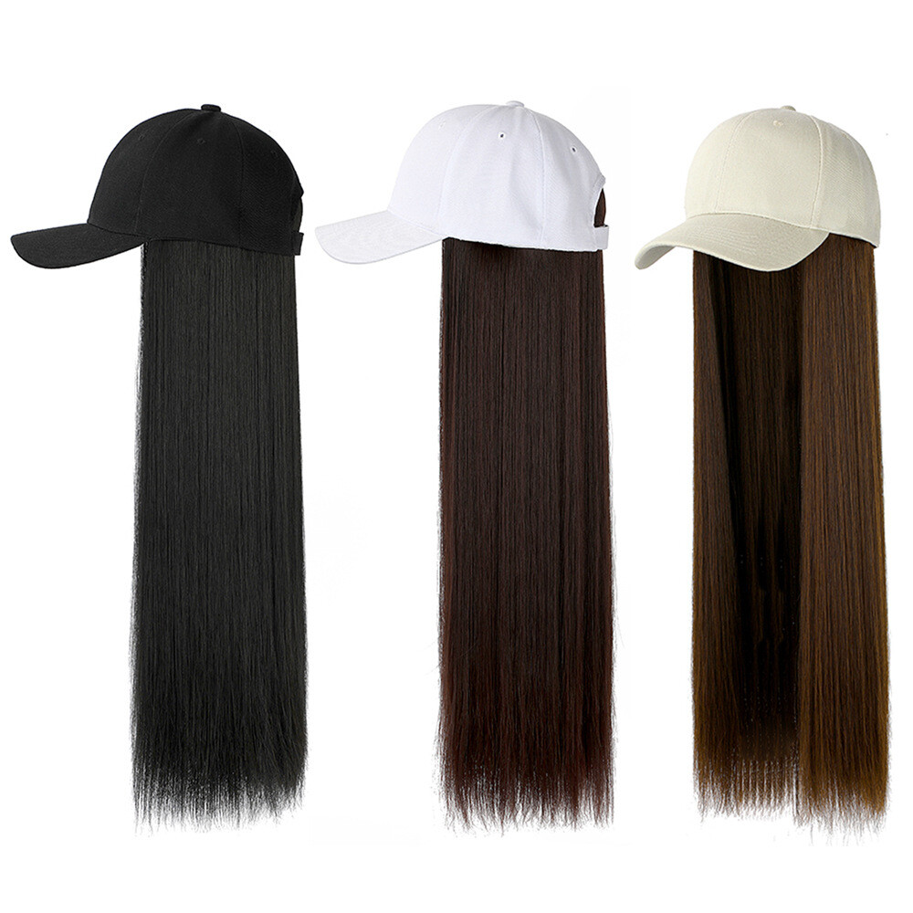 Women Baseball Cap Hat with Synthetic Hair Long Straight Full Wig Party  Prop | eBay