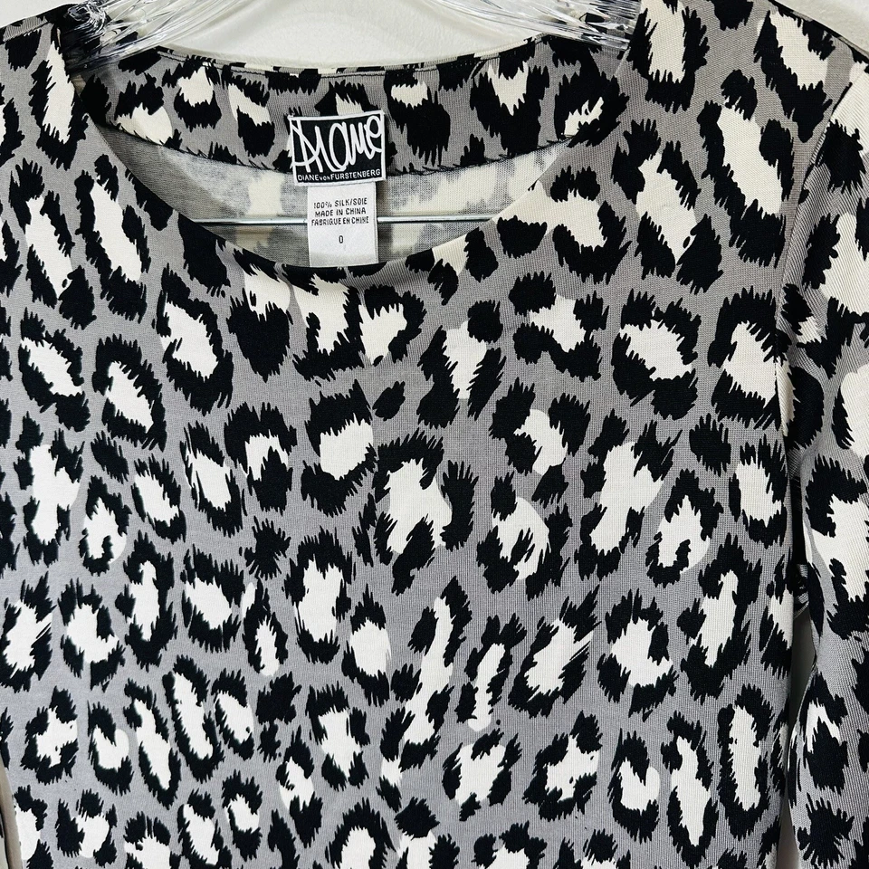 $338 Vestido Diane Von Furstenberg Raro 100% Seda Leopardo Talla 0 Gris Negro Foto 4 de 4