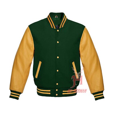 Varsity Gothic College Bomber Jacke Unisex Forest Green Wolle Gold Leder Retro