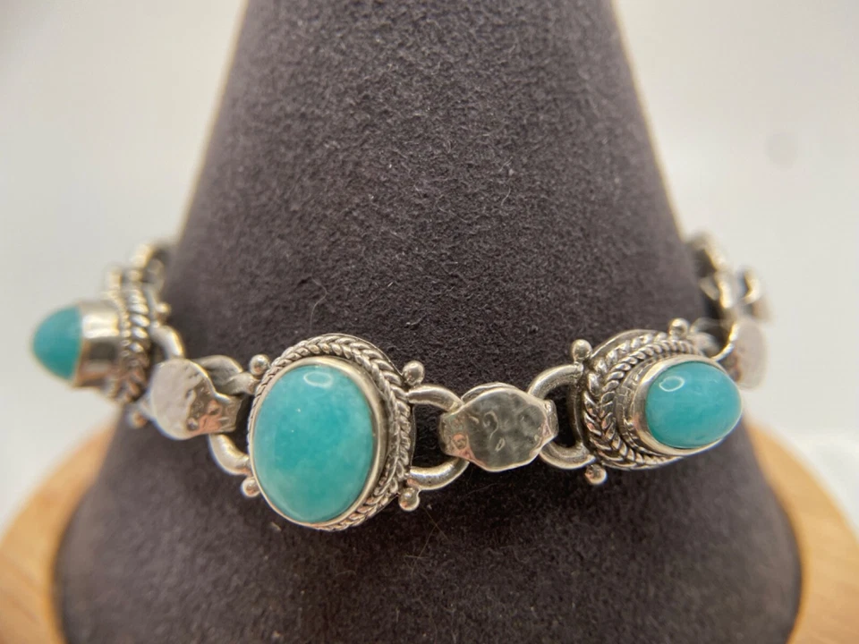 Sarda, Bali hecho a mano, esterlina y amazonita de 3 piedras, pulsera de eslabones, cierre de langosta Foto 2 de 4