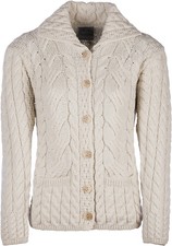 Ladies 6 Button Cable Merino Wool Cardigan By Aran Mills - Cream