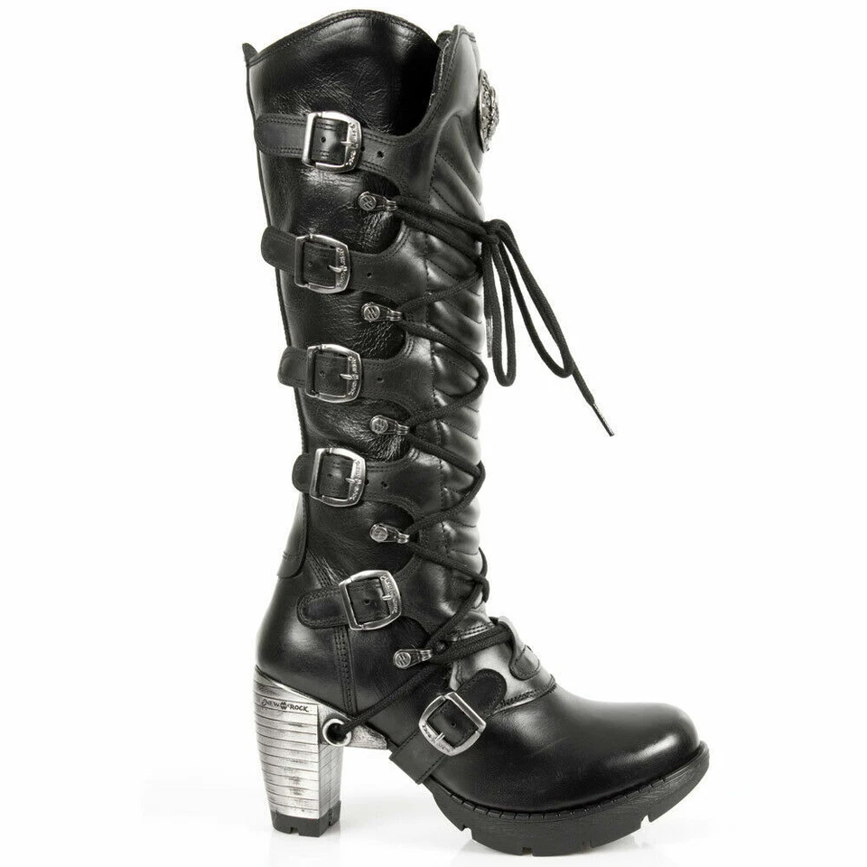 New Rock TR004-S1 Boots Ladies Black Leather Boots Buckle Lace Knee High Biker  - Image 3 of 4