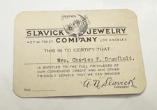 1943 Slavick Jewelry Co Los Angeles Membership Card Entitled Privileges Credit