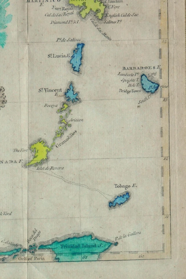 Редкая антикварная карта Карибские острова 1756 Карибский бассейн Тос. Jefferys ручной цвет - Изображение 3 из 4