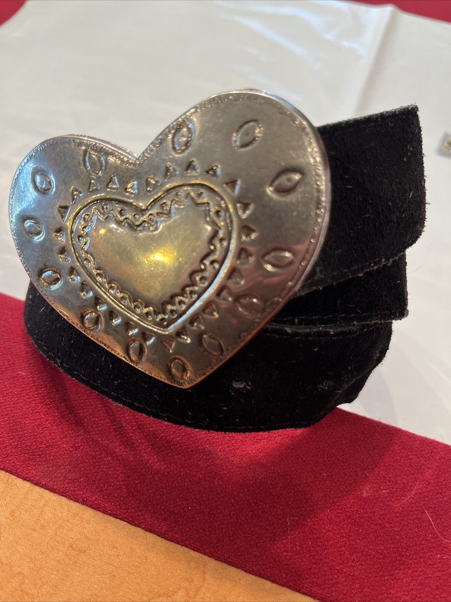90s Circa SILVER 3.5” HEART buckle BELT BLACK SUEDE TOOLED  display picture 1