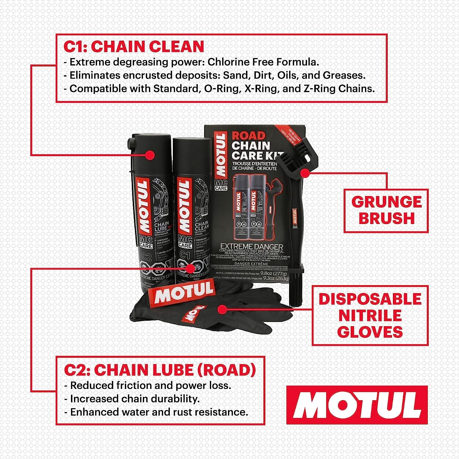 MOTUL 109767 Motorcycle Chain Clean Lube Kit C1 C2 Complete MC Care