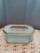 Vtg glass brass Trinket jewelry Box Mirrored beveled etched octagon footed