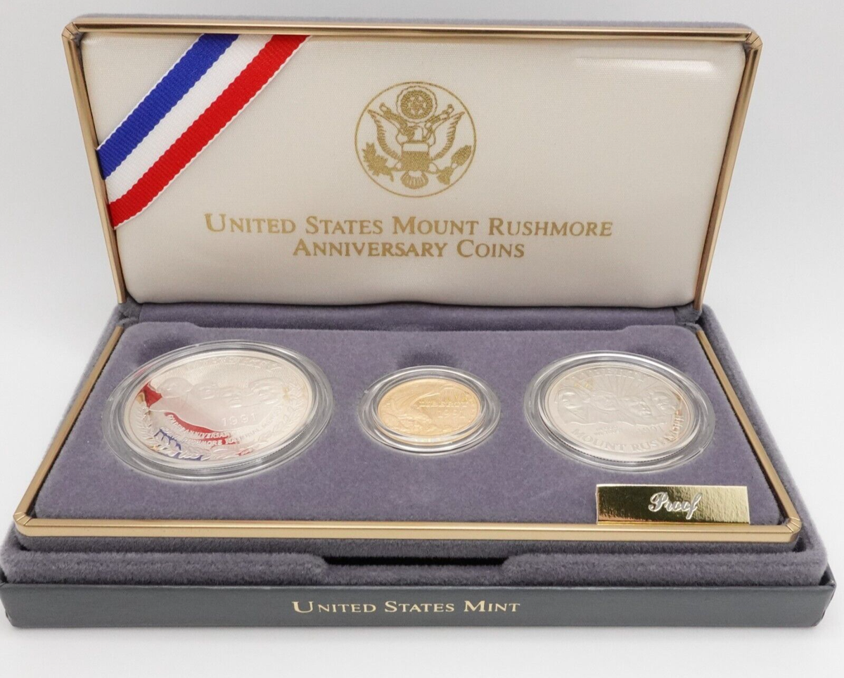 1991 U.S Mint Mount Rushmore Anniversary Gold & Silver 3 Coin