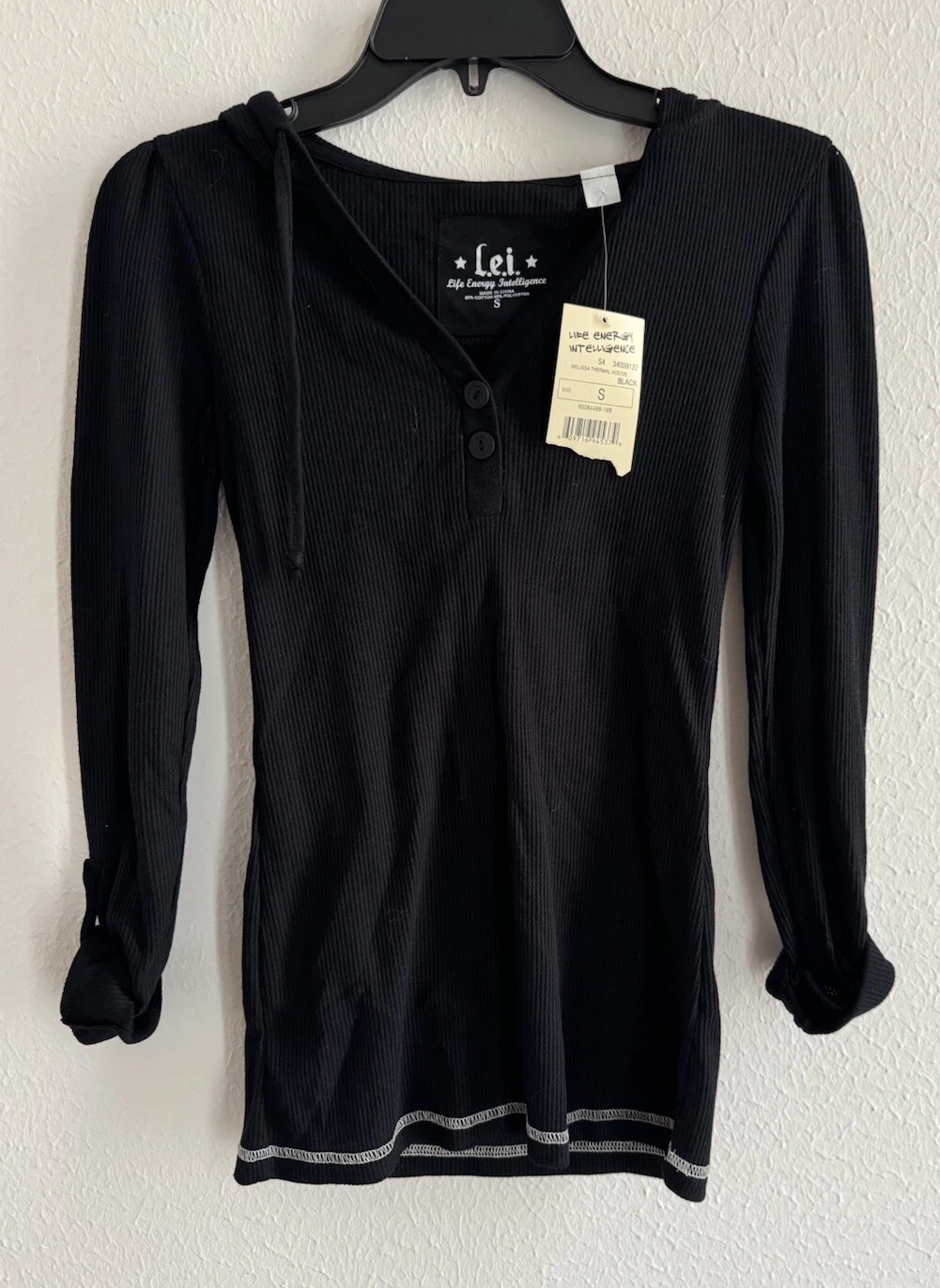 LEI Melissa thermal Hoodie pullover junior's small cotton Black roll up Sleeve