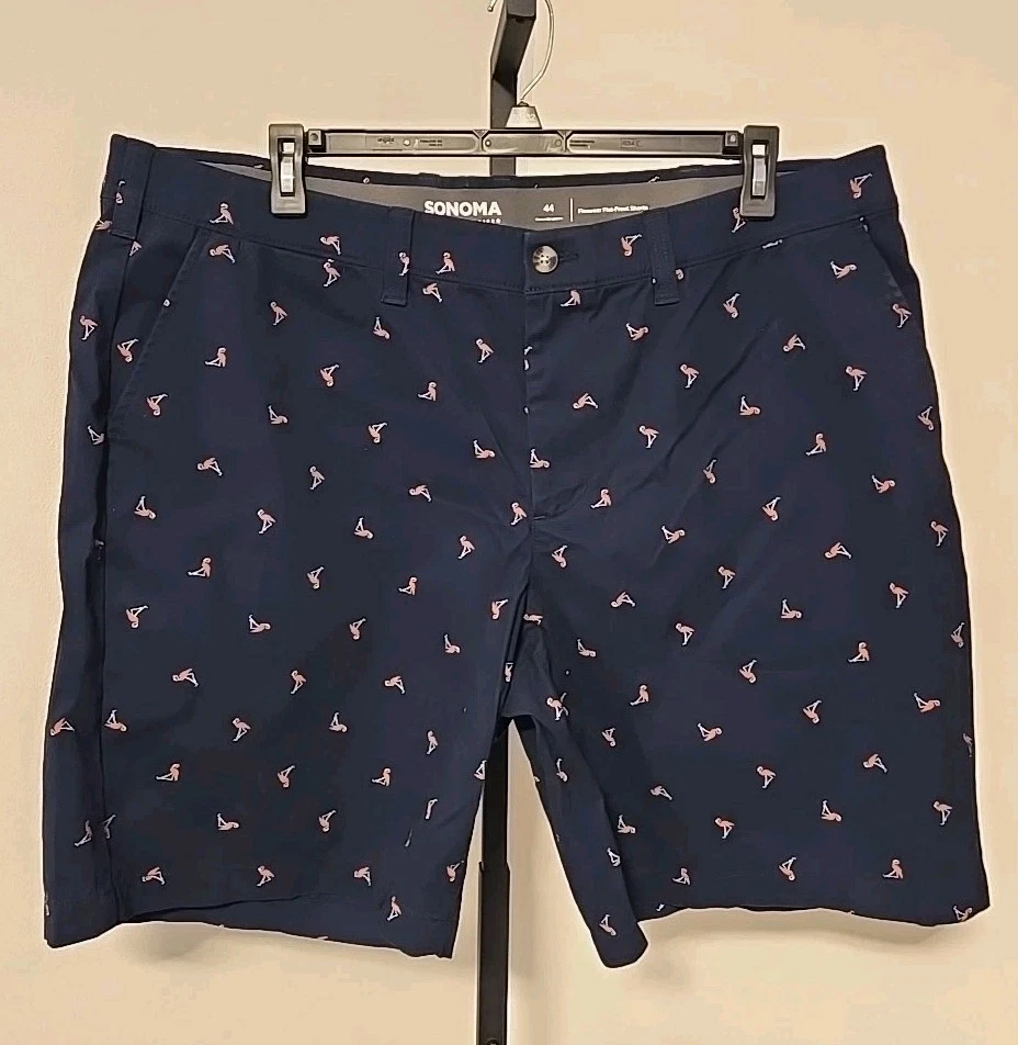 Big & Tall Sz 44 Inseam 10 in Sonoma Navy Flamingo Flexwear Flat Front Shorts
