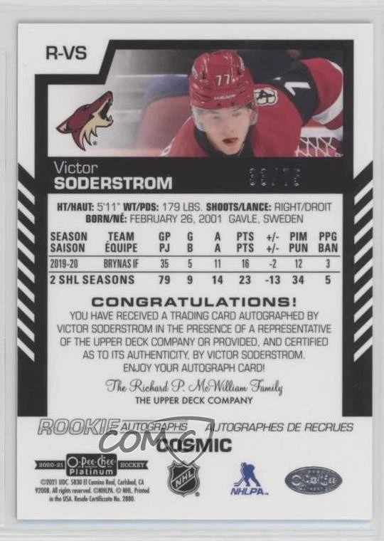 2021-22 O-Pee-Chee Platinum Update Cosmic 33/75 Victor Soderstrom #R-VS Auto - Image 2 of 3