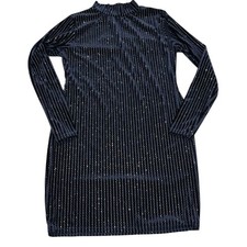 Sparkling navy Long Sleeve Dress mockneck pin stripe midi sparkle holiday party 