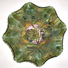 Antique "Open Rose" Green Iridescent Carnival Glass By Imperial Glass Co.