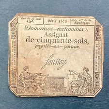 ~ 1793 France Assignat 50 Sols - French Revolution Banknote - FREE SHIPPING