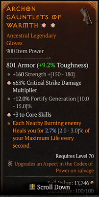   DIABLO 4 SEASON 13   2 GA Gloves   Ancestral Legendary   +3 Core Skills