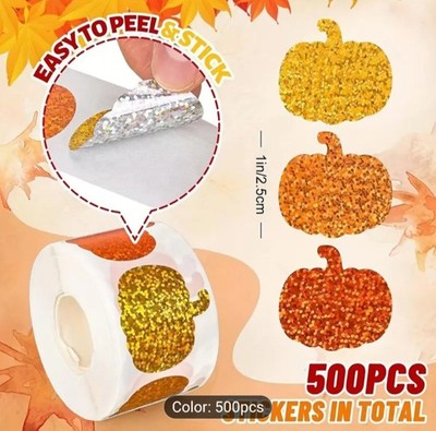 500 pcs Sticker Seals Roll Holographic Foil Pumpkins Glitterlike Self Adhesive