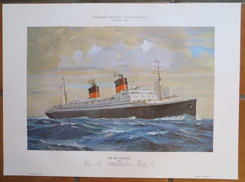 ILE DE FRANCE 1949 (French Line) Colorful Lithograph