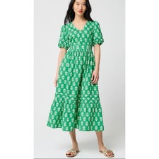 J.Crew Floral Midi Dress Womens 10 Green Cotton Smocked Tiered Puff Sleeve Boho