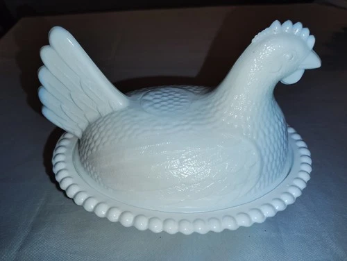 Vintage Nesting Hen Indiana White Milk Glass Candy Dish Chicken