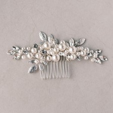 Bridal Wedding Hair Comb with Pearls and Crystals Silver Leaf Design Wedding ...