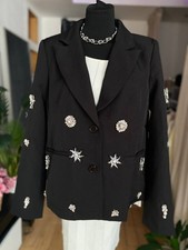 Womens Black embellished blazer jacket with hand-sewn rhinestones