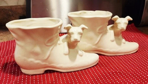 2 Vintage SHAWNEE Dog and Boot WHITE MATTE PLANTERS Made in USA
