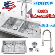 32x18x9in Double Bowls Sink Undermount Stainless Steel Kitchen Sink With Faucet