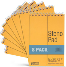 Spiral Steno Pads, 8 Pack, 6 x 9 inches, 60 Sheets, White Paper, Gregg Rule, Nat