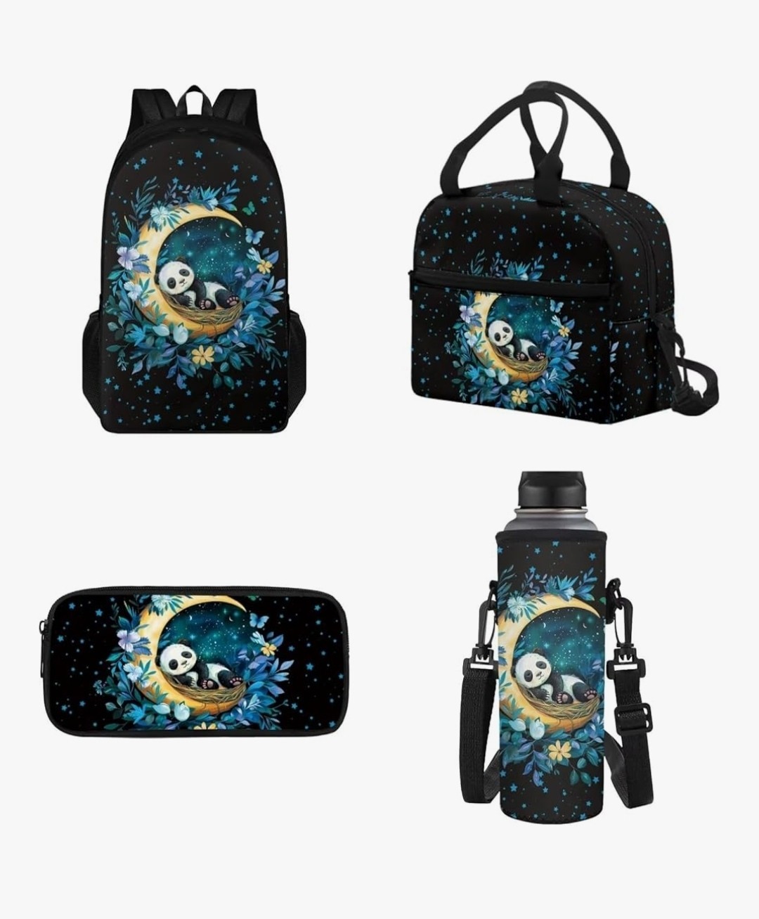 Panda Moon Floral  Backpack Set With Water Bottle Sleeve Lunch Box, Pencil Case
