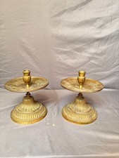 Ancien Paire Bougeoir Soucoupe Chandelier Empire Laiton Doré Néoclassique