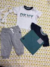 DKNY White with Teal Logo  Teal  Navy Pocket Tees  Gray Joggers Kids Set 12M 