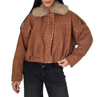 Damen Gefüttert Dekofell Druckknöpfe Reissverschluss Jacke 7232 Ital-design