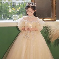 Girls Kids Show Long dress Mesh Sleeve Ball Gown Princess Party Frock 68081