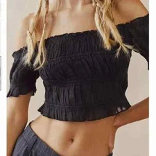 Free People Fp One Cheri Top Smocked Cropped Black Frost Off The Shoulder NWT XL