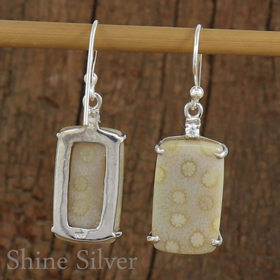 Natural Fossil Coral 925 Sterling Silver Dangle Drop Wedding Earrings FN242 - Image 3 of 3