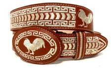 MEN'S EMBROIDER ROOSTER WESTERN LEATHER BELT.  CINTO VAQUERO BORDADO GALLO